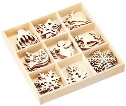 cArt-Us - Scatola in Legno con 45 Decorazioni Natalizie, 10,5 x 10,5 cm, in Legno Naturale