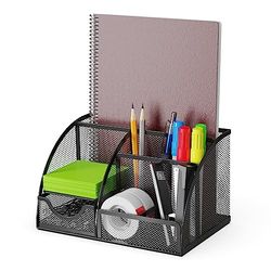 Desk Organizer and Pencil Case with Drawer and 6 Compartments in Black Metal Mesh. Space-Saving Desk Organizer for Pens, Pencils, Sticky Notes, Clips and Staplers