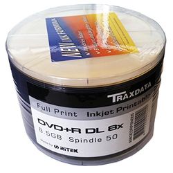 Traxdata White Inkjet Printable, Double Layer DVD+R DL, Pack of 50