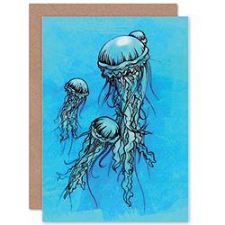 Wee Blue Coo BLUE JELLYFISH UNDERWATER FUN ART GREETINGS GREETING CARD GIFT