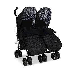 Cosatto Supa Dupa dubbelbarnvagn – barnvagn från födseln 0–25 kg, lätt, kompakt vikning, med fotmuffar, mugghållare och regnskydd (svart silhuett)