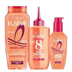L’ORÉAL PARIS - Routine Soins Capillaires Cheveux Longs - Longueurs réparées - Kératine Végétale & Huile de Ricin - Shampooing, Soin Magique 8 secondes, Crème Sauveuse de Pointes - Elseve Dream Long