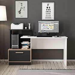 Homemania HOMARB-037 Escritorio Milas con Estanterías, Aglomerado de Melamina, Blanco, Nogal, Negro, 154 x 60 x 93 cm