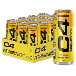 C4 Performance Energy Drinks Pineapple Head 500ml (12 pack) | Sugar Free Energy Drink with 160mg Caffeine, 250mg Betaine, 1050mg Taurine | Low Calorie Fizzy Drinks for On the Go Energy and Focus