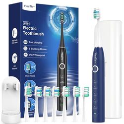 Spazzolino Elettrico Sonico per Uomo con 8 Testine – Spazzolino Denti Sonico Adulti con Custodia da Viaggio, 5 Modalità, Impermeabile IPX7, Spazzolino Elettrico da Viaggio Ricaricabile, Blu Scuro