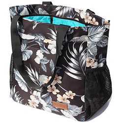 ESVAN Original Floral Tote Bag Grand sac à bandoulière avec plusieurs poches pour gym, voyage, plage, tous les jours, Fleur noire et grise, Einheitsgröße