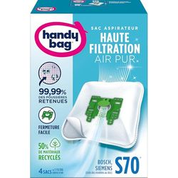 Handy Bag - Sacs aspirateur S70 x4sacs - Compatibles Bosch, Siemens, Privileg, Profilo, UFESA - 99,99% des poussières retenues - Fermeture facile - Filtre anti-allergène - 50% de matériaux recyclés