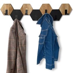 FLEXISTYLE Hexagon Wall Coat Rack Wood Oak Black Design Modern Teenager's Room Bathroom Natural (Black/Oak, 77)