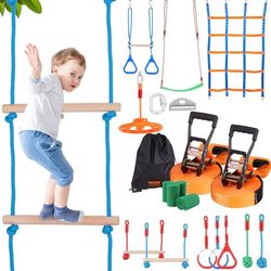 VEVOR Ninja Slackline hindernissenset, 2 x 15,24 m slacklines, 226,8 kg draagkracht, ninja-hinderniscursus, outdoor-speelsetuitrusting, achtertuin speelgoed, trainingsuitrustingsset met 12 obstakels