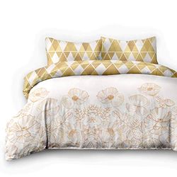 AmeliaHome 06709 Conjunto de roupa de cama (4 peças, 155 x 220 cm, com 2 fronhas de 80 x 80 cm, 100% algodão, design geométrico, com fecho de correr, cor bege