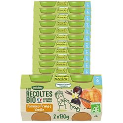 Blédina - Les Recoltes Bio - Petits pots pour bébé - Pommes Prunes Vanille - Recette BIO et simple - De 4 à 6 mois - 24 pots de 130g