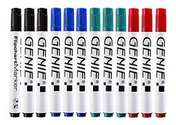 Genie flipchart marker (op kleur gesorteerd, met ronde punt, ideaal voor flipchart- en schrijfblokken, lijnbreedte 1-3 mm, verpakking van 12 stuks, inhoud: 3 x zwart, blauw, rood en groen)