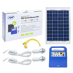 PNI Painel solar, sistema de energia solar portátil, gerador de energia Greenhouse H01 30W com bateria de 12 V / 7 Ah, USB/rádio / MP3, 2 lâmpadas LED