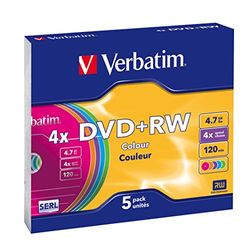 Verbatim 43297 DVD+RW 4x Non-Printable Colours Slim Case (Pack of 5)