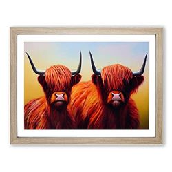 Two Highland Cows Vol.2 H1022 WHT Framed Print for Living Room Bedroom Home Office Décor, Wall Art Picture Ready to Hang, Oak A2 Frame (64 x 46 cm)
