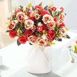 LESING Artificial Silk Rose with Vase Fake Flowers Wedding Flowers Bouquets Arrangement Home Office Party Centerpiece Table Decoration (Red)