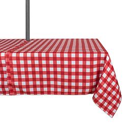 DII 100% Polyester, Spill Proof, Machine Washable, Tablecloth for Outdoor Use with Umbrella Covered Tables, Round, Red Check, Seats 6 to 8 People, 60X84-Zippered