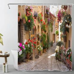 LB Nature Decorations Shower Curtain,3D Printing European Style Mediterranean Greece Scene Old Street Flowers Picture,Mildew Resistant Waterproof Polyester Fabric Bathroom Decor 60x72 Inch
