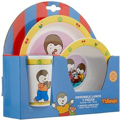 FUN HOUSE 005138 T'Choupi Ensemble repas pour enfant : 1 Verre + 1 Assiette + 1 Bol Micro-ondable 250 ML, Jaune