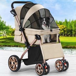 YITAHOME Poussette pliable avec poignée réversible, pour petits chiens, fenêtres en maille, porte-gobelet, roues pivotantes à 360° en EVA avec freins (kaki)