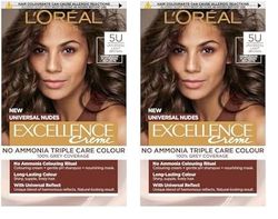 L’Oréal Excellence Permanent Hair Dye Colouring Cream, 100% Grey Coverage, With Pro-Keratin + Ammonia-Free, Universal Nudes, 5U Light Brown (Pack of 2)