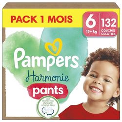 Pampers Harmonie Pants, Taille 6, 132 Couches-Culottes, 15kg+, Maintien Complet 360°, Ingrédients d’origine végétale, Maintenant Avec un Emballage Recyclable en Papier, Pack 1 Mois