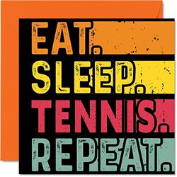 Verjaardagskaart grappig voor haar of hem - eten, slapen, tennis, herhaling - gelukkige verjaardagskaarten voor spelers sportliefhebbers geschenken, 145 mm x 145 mm verjaardagswenskaarten voor alle