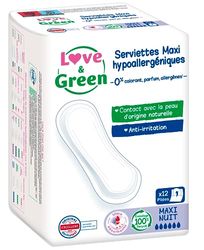 Love & Green Green Tovaglioli ecologici - Maxi Nuit 0% coloranti, profumi, allergeni - Certificati Ecolobel - Ultra assorbenti - 12 unità (confezione da 2)