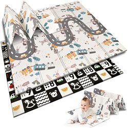 NUKIDO Babymat van Foam Dubbelzijdig Schattig Kleurrijk Ontwerp om Mee Te Spelen Kruipen Perfect om Weg Te Geven Opvouwbaar 200x180 cm NK-340 Contrasterend Padpatroon