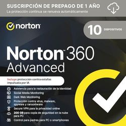 Norton 360 Advanced 2025 │ 10 Dispositivos │ 12 meses renovación automática │ Social Media, Dark Web Monitoring y VPN │ Código por email