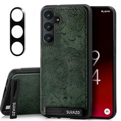 SURAZO läderfodral för Samsung Galaxy S25, fodral med kameraskydd – äkta läderbaksida mobiltelefonfodral [stativfunktion] [nyckelring] [blommotiv] stötsäkert äkta läder skyddsfodral (blommig grön)