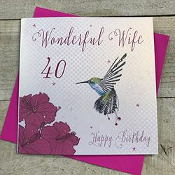 WHITE COTTON CARDS Tarjeta cumpleaños Hecha a Mano con Texto en inglés Hummingbird, Wonderful Wife 40 Happy Birthday, Color Blanco, wb192-40, Algodón, 16cm x 16cm