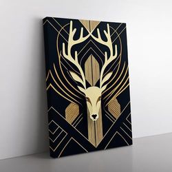 Art Deco Stag No.1 Black, Black, Gold Canvas Wall Art Print Ready to Hang, Framed Picture for Living Room Bedroom Home Office Décor, 76x50 cm (30x20 Inch)