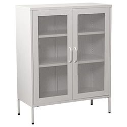 DRW Kast met 2 deuren met metalen rooster in wit, 80 x 35 x 102 cm, hoogte: 15,5 cm