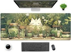 Grand tapis de souris mignon kawaii motif chat blanc, plantes vertes, tapis de souris de jeu, XL étendu, accessoires de bureau pour femme, décoration de bureau, long tapis de souris pour ordinateur