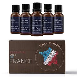 Mystic Moments | Essential Oils of France Essential Oil Gift Starter Pack 5x10ml | Basil Cypress, French Lavender, French Rose Geranium, Rosemary French | Perfect as a Gift