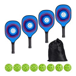 Relaxdays Pickleball Set, 4 racketar och 8 bollar, bollspel USA, barn och vuxna, paddlar med påse, trä, flerfärgad