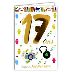 Age Mv 69-2017 kaart "Joyeux Anniversaire", 17 jaar, jongens, meisjes, heren, dames, motief hoofdtelefoon, muziek, vinyl, uilen, boeken