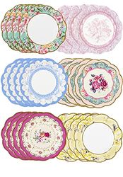 Lot de 24 Assiettes Jetables Fleuries - Vaisselle Jetable Vintage avec Bord Festonné, Assiettes Jetables Anniversaire ou Garden Party, Goûter, Baby Shower, Assiettes Carton Mariage - 17,5 cm