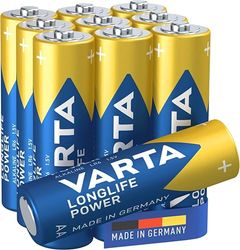 VARTA Pilhas AA, embalagem de 10, Longlife Power, alcalinas, 1,5 V, para brinquedos, ratos sem fio, lanternas elétricas, Made in Germany