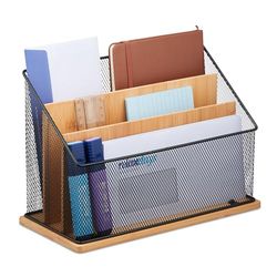 Relaxdays Porte-Documents, 3 Compartiments, métal & Bambou, Rangement pour Lettres, HxLxP: 20x29x14 cm, Nature - Noir