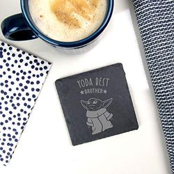 eBuyGB Personalised Square Slate Coaster, Engraved Baby Yoda Coaster, Star Wars Themed Drinks Mat, Funny Gifts from Sister, Brother (Yoda Best Brother)