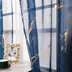 Lavyhuno Transparante gordijnen 160 cm lengte 2 panelen set, roedezak voile gordijnen voor keuken kinderkamer metallic goudfolie print raambekleding privacy paar, 132 cm B x 160 cm L, marineblauw