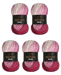 5 x 100 g Wollbiene Batik, 500 g Wool with Colour Gradient, Multicoloured Knitting Wool, Crochet Wool (5300N Berry, White)