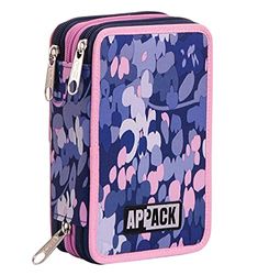 Appack etui met 3 compartimenten, Enjoycy, blauw, compleet met schoolinhoud: pennen, potloden, kleurpotloden, stiften, one size