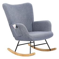 VECELO Fauteuil à Bascule Allaitement Moderne en Tissu Bouclé, avec Dossier Haut, Accoudoirs et Poche, Structure en Acier, Pieds en Bois Massif, pour Chambre, Salon