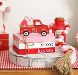 Decoración de bandeja escalonada para el día de San Valentín, 1 pila de libros de madera para el día de San Valentín, 1 guirnalda de cuentas para San Valentín, paquete de mini libros decorativos de