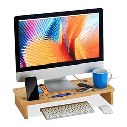 Relaxdays Bamboo Monitor Stand with Shelves Standing Screen Riser for Desk 9 x 54 x 23 cm Natural