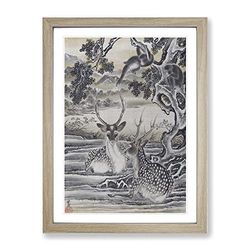 Deer Below The Monkeys By Kawanabe Kyosai Asian Japanese Framed Wall Art Print, Ready to Hang Picture for Living Room Bedroom Home Office Décor, Oak A4 (34 x 25 cm)