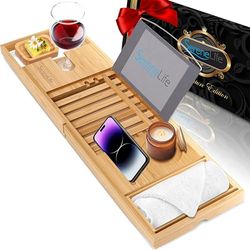 SereneLife Bandeja para bañera, Bambu, Extensible, Ajustable, Baño, Soporte para Copa de Vino, Libro, Movil, Tablet